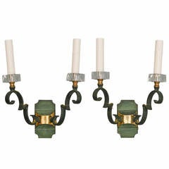Pair of Art Deco, Two Light Metal and Copper Sconces with Glass Bobeches