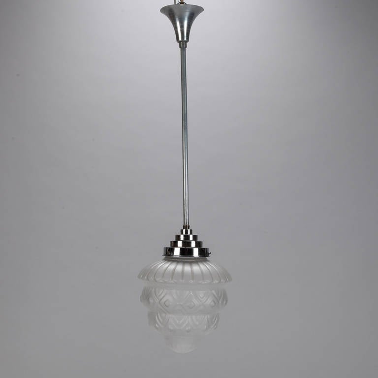 Mid-20th Century Schneider Style, French Art Deco Frosted White Glass Pendant Fixture
