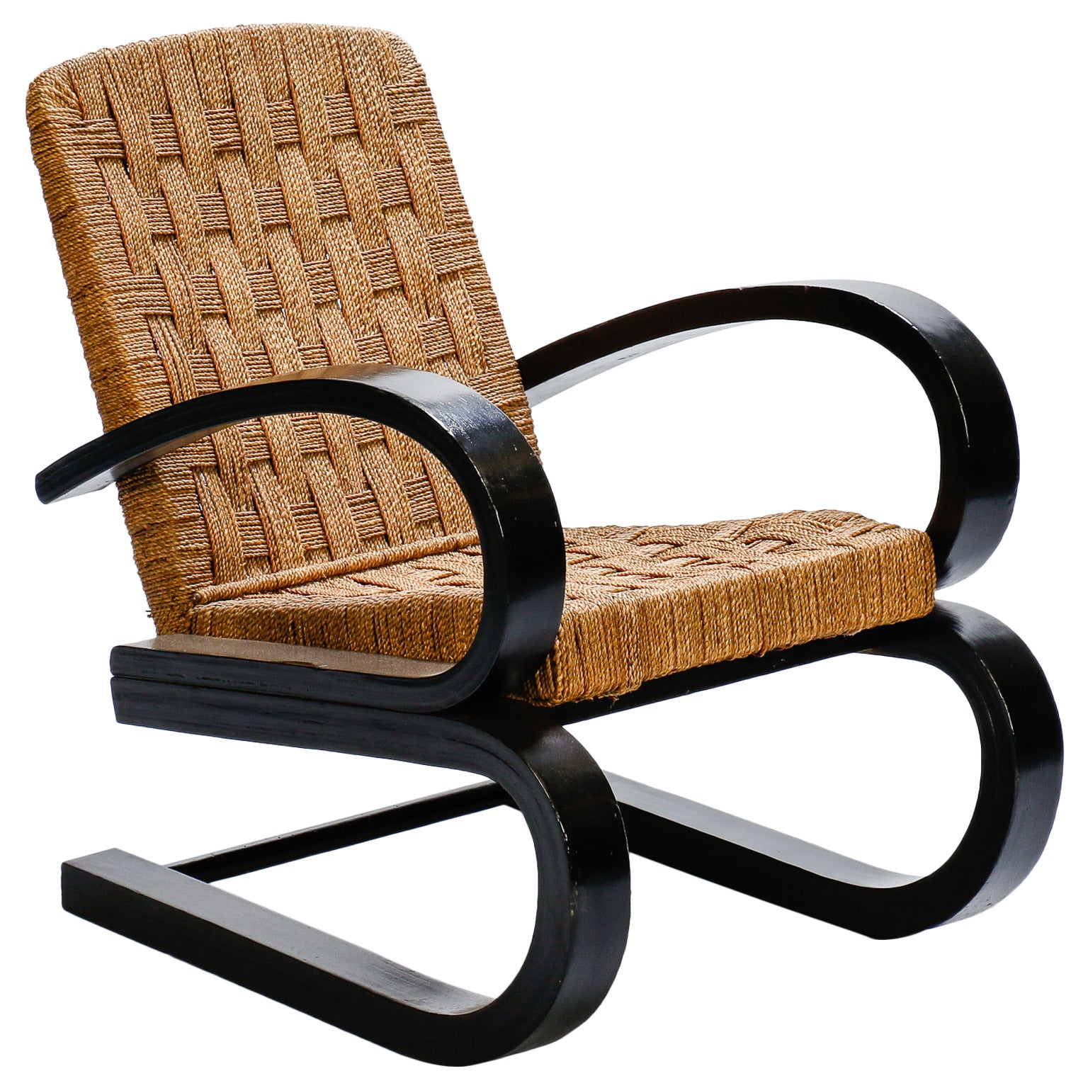 Italian Bent Wood and Woven Rush Armchair in the Manner of Audoux Minet