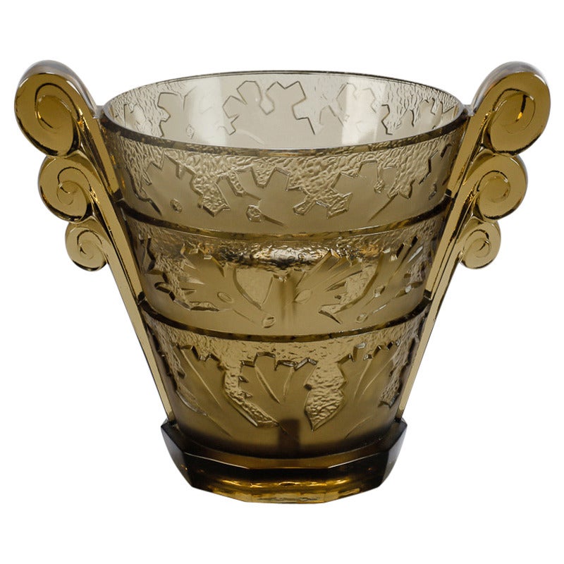 Deco Era Taupe Glass Vase and Original Flower Frog Attributed to Schneider