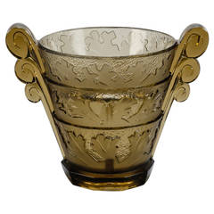 Deco Era Taupe Glass Vase and Original Flower Frog Attributed to Schneider