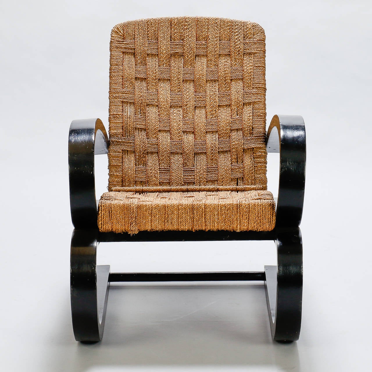 Mid-Century Modern Italian Bent Wood and Woven Rush Armchair in the Manner of Audoux Minet
