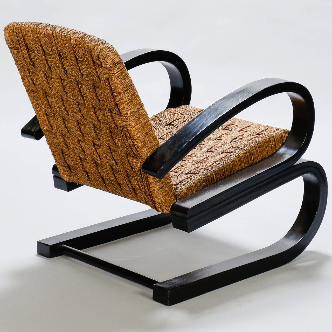 Stained Italian Bent Wood and Woven Rush Armchair in the Manner of Audoux Minet