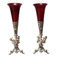 Antique Pair Tall Silver Plate Epergnes with Puti and Red Glass