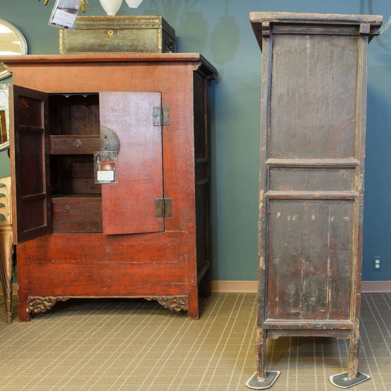Tall Chinese Red Lacquer Two-Door Cabinet In Excellent Condition In Troy, MI