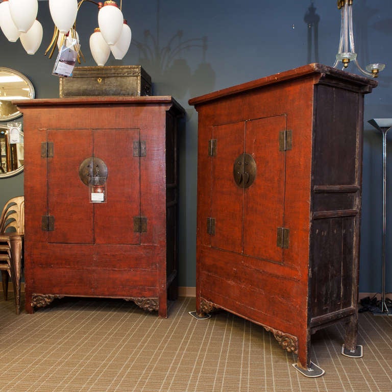 20th Century Tall Chinese Red Lacquer Two-Door Cabinet