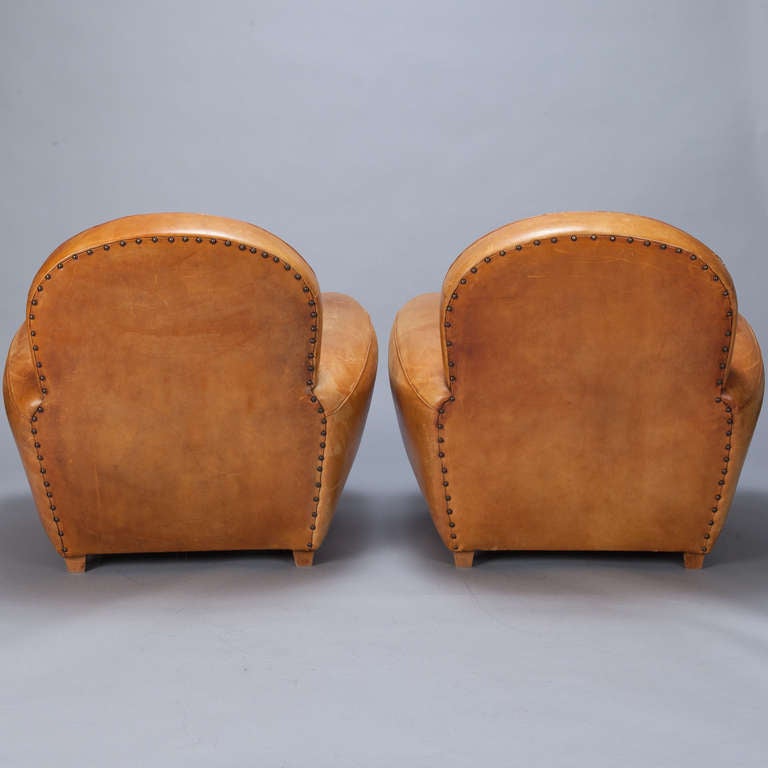 French Pair of Art Deco Caramel Colored Leather Club Chairs