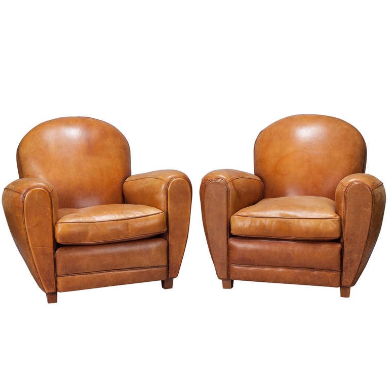 Pair of Art Deco Caramel Colored Leather Club Chairs at 1stDibs