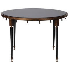 Mid-Century French Round Brass Base Table with Black Glass Top