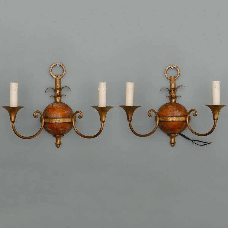 Set of Four Painted and Gilded Tole, Two Arm Sconces