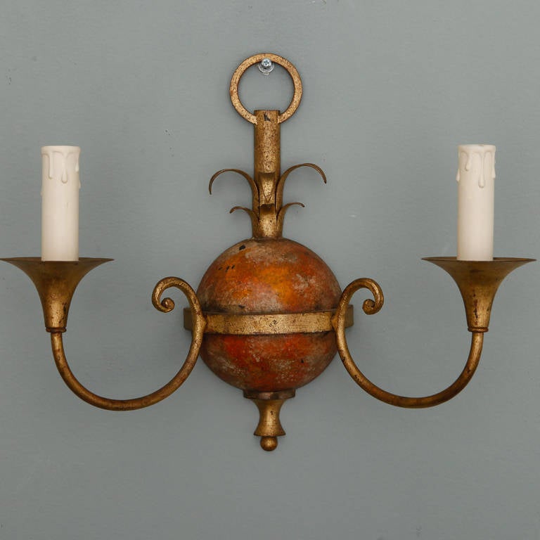 Italian Set of Four Painted and Gilded Tole, Two Arm Sconces