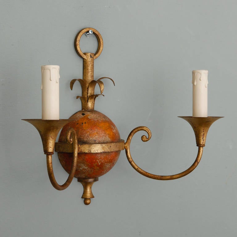 Set of Four Painted and Gilded Tole, Two Arm Sconces In Excellent Condition In Troy, MI