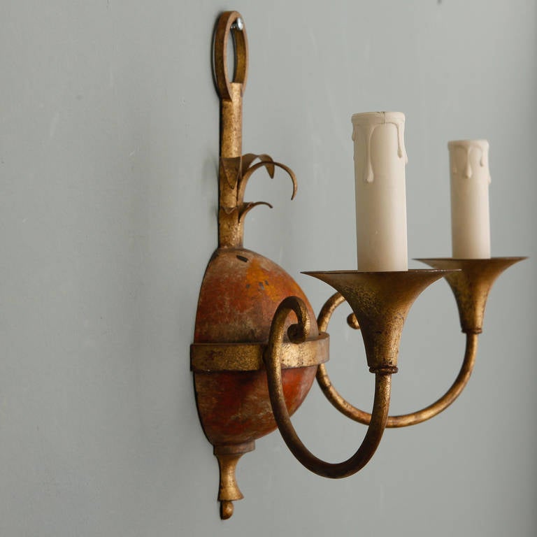 Mid-20th Century Set of Four Painted and Gilded Tole, Two Arm Sconces