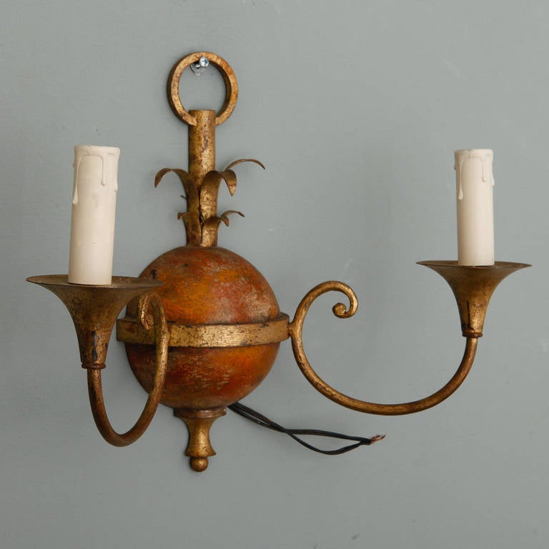 Set of Four Painted and Gilded Tole, Two Arm Sconces 2