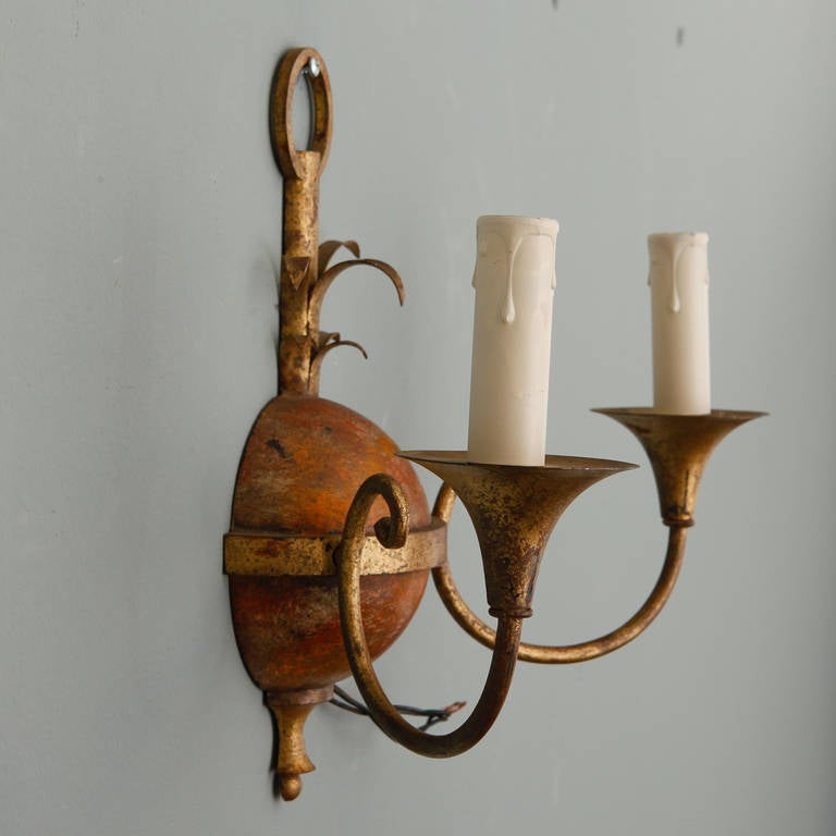Set of Four Painted and Gilded Tole, Two Arm Sconces 3