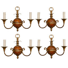 Set of Four Painted and Gilded Tole, Two Arm Sconces