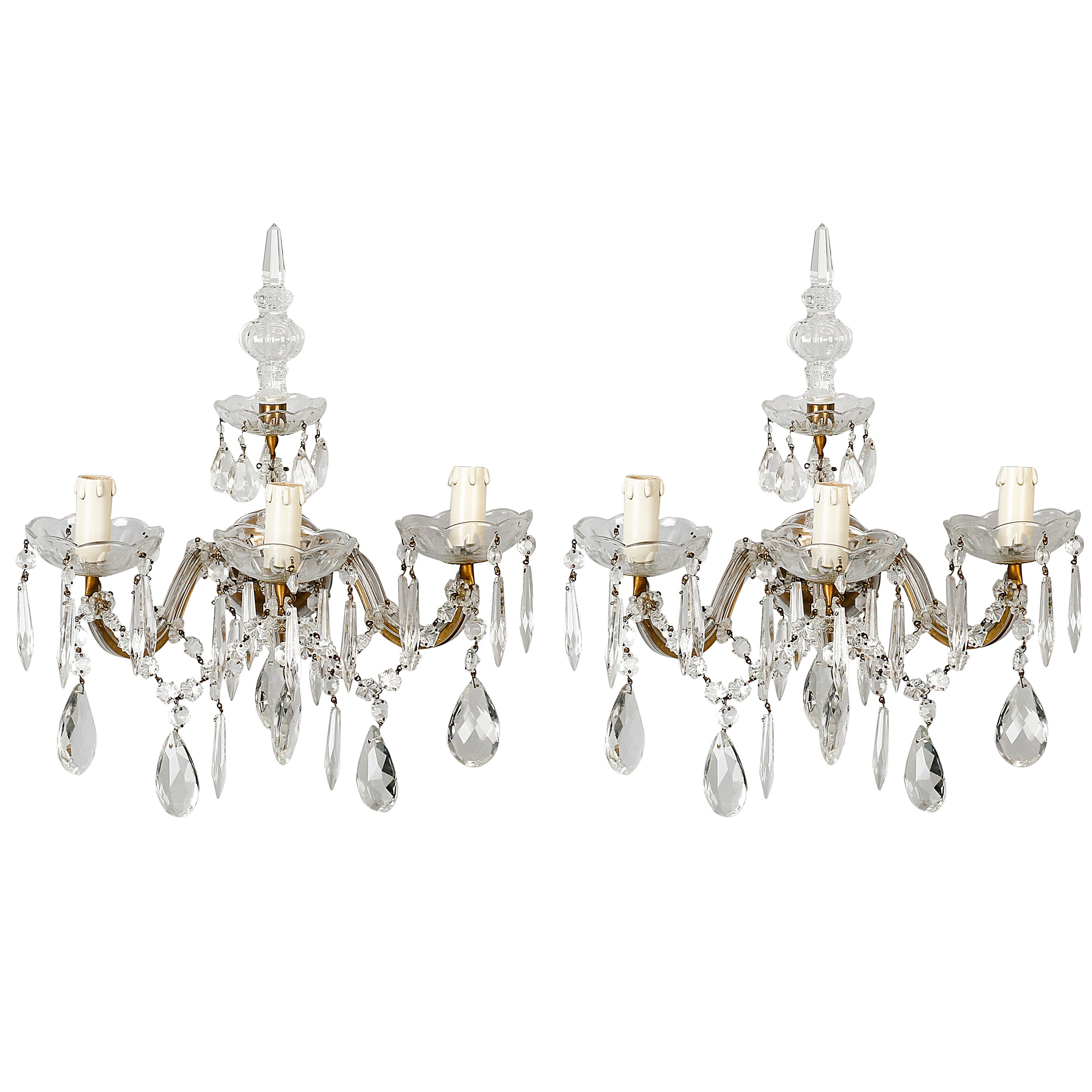Pair of Maria Theresa Three-Light Sconces with Crystal Finial