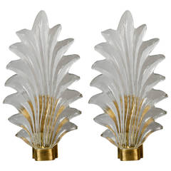 Antique Pair of Clear Glass Leaf Shape Sconces with Brass, Attributed to Barovier e Toso