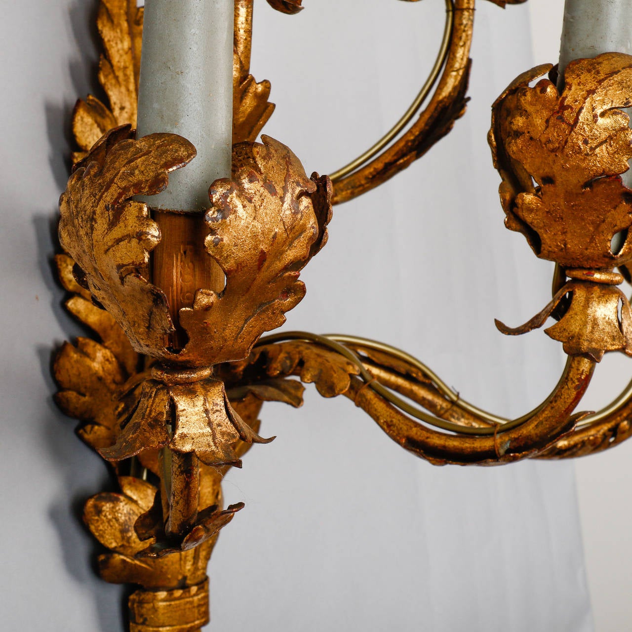 Pair of Tall Five-Light Gilt Metal Leaf Form Sconces In Good Condition For Sale In Troy, MI