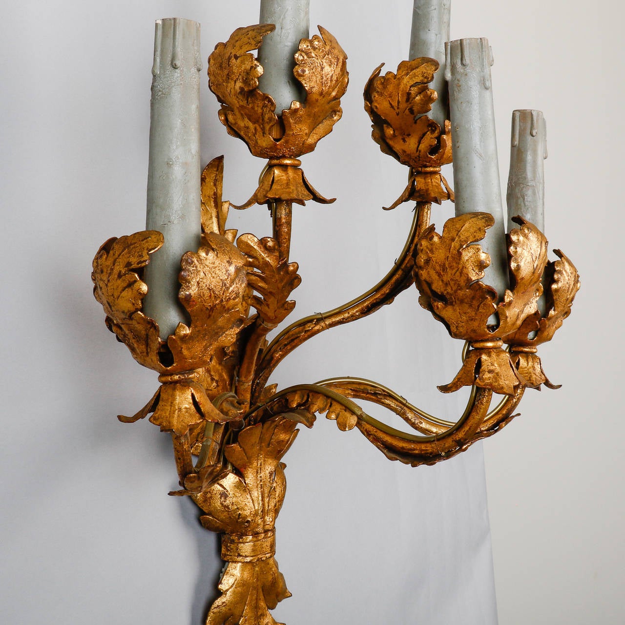 20th Century Pair of Tall Five-Light Gilt Metal Leaf Form Sconces For Sale