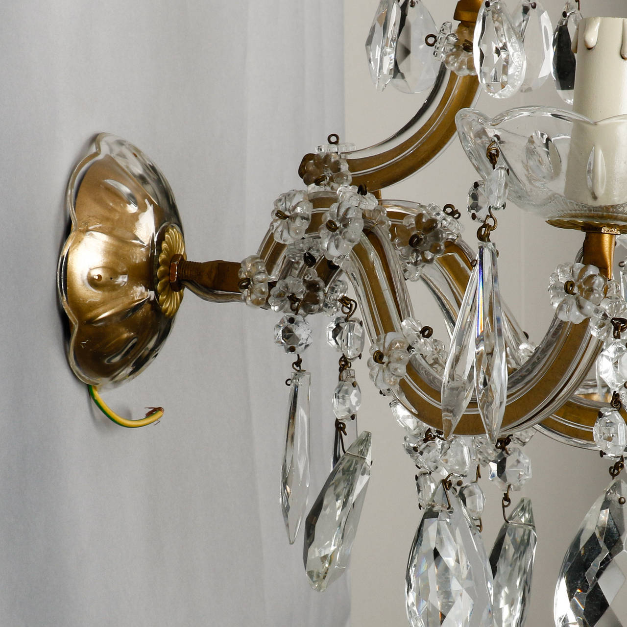 European Pair of Maria Theresa Three-Light Sconces with Crystal Finial