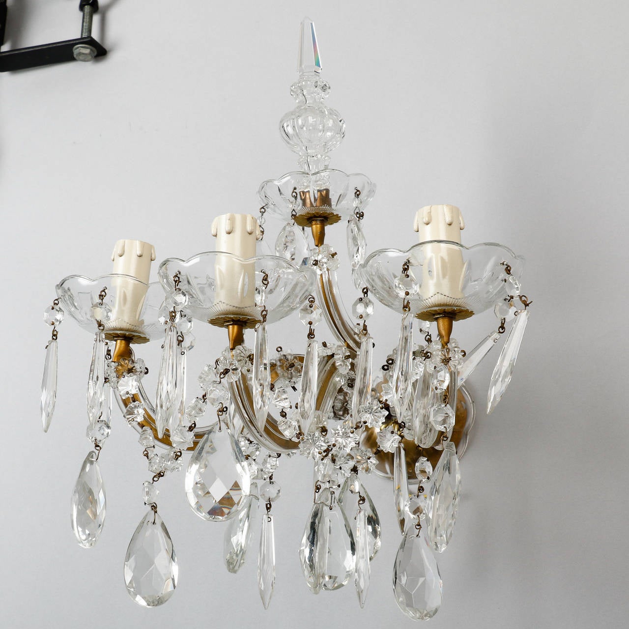 20th Century Pair of Maria Theresa Three-Light Sconces with Crystal Finial
