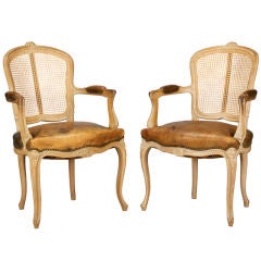 Pair Louis XV Style Wood Cane and Leather Arm Chairs