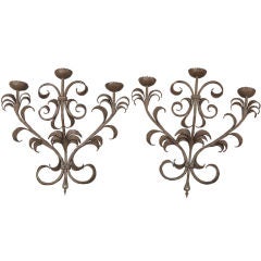 Large Pair French Three Candle Iron Sconces