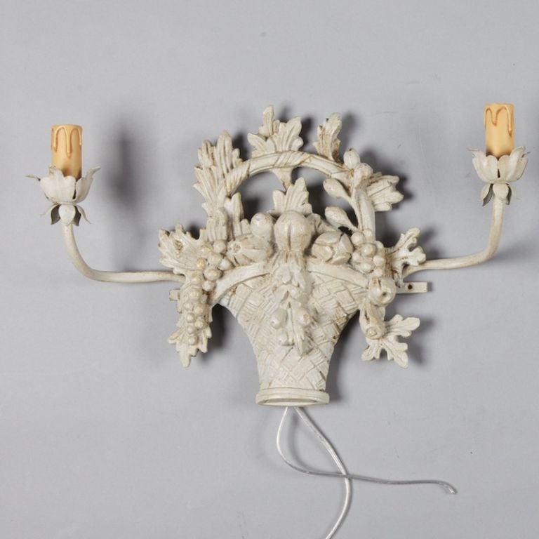 Pair of French Two-Light Carved Fruit Basket Sconces In Excellent Condition In Troy, MI