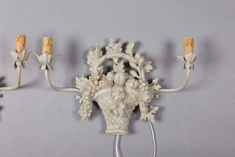 Mid-20th Century Pair of French Two-Light Carved Fruit Basket Sconces