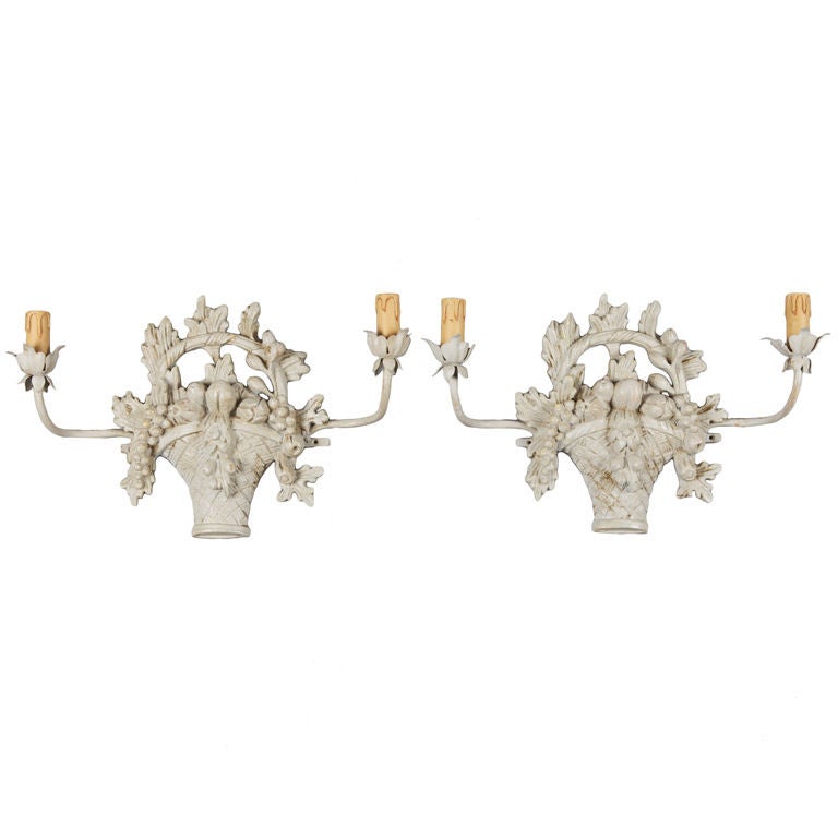 Pair of French Two-Light Carved Fruit Basket Sconces