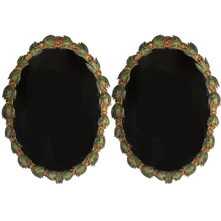 Pair Italian Tole Foliate Flower Pod Mirrors