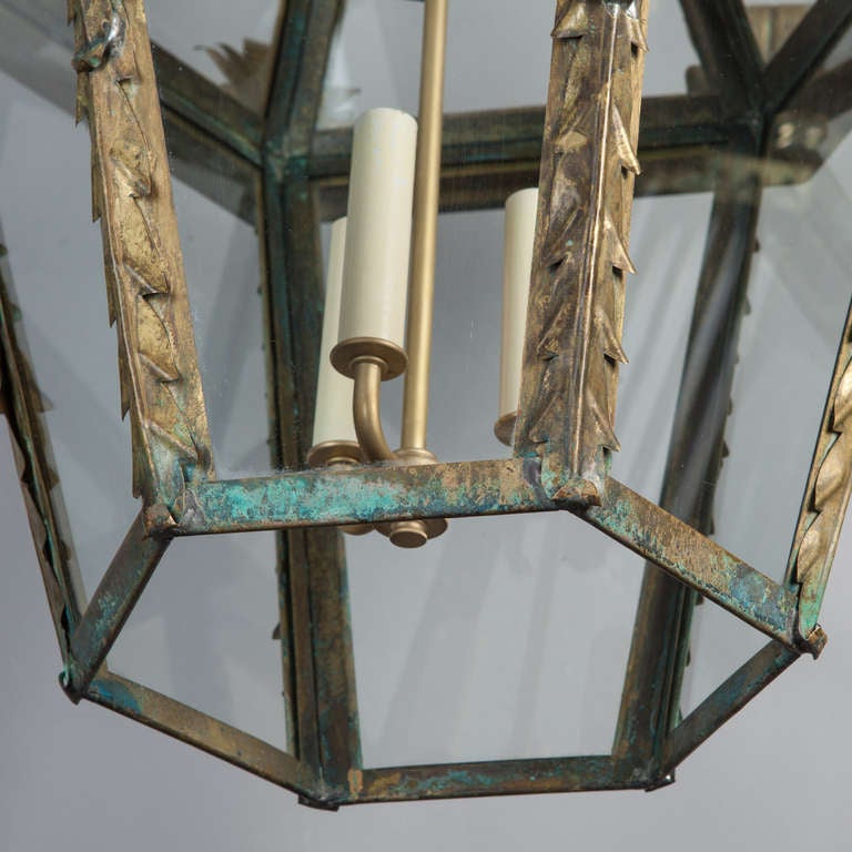 Pair Italian Dark Brass and Glass Lanterns In Excellent Condition In Troy, MI