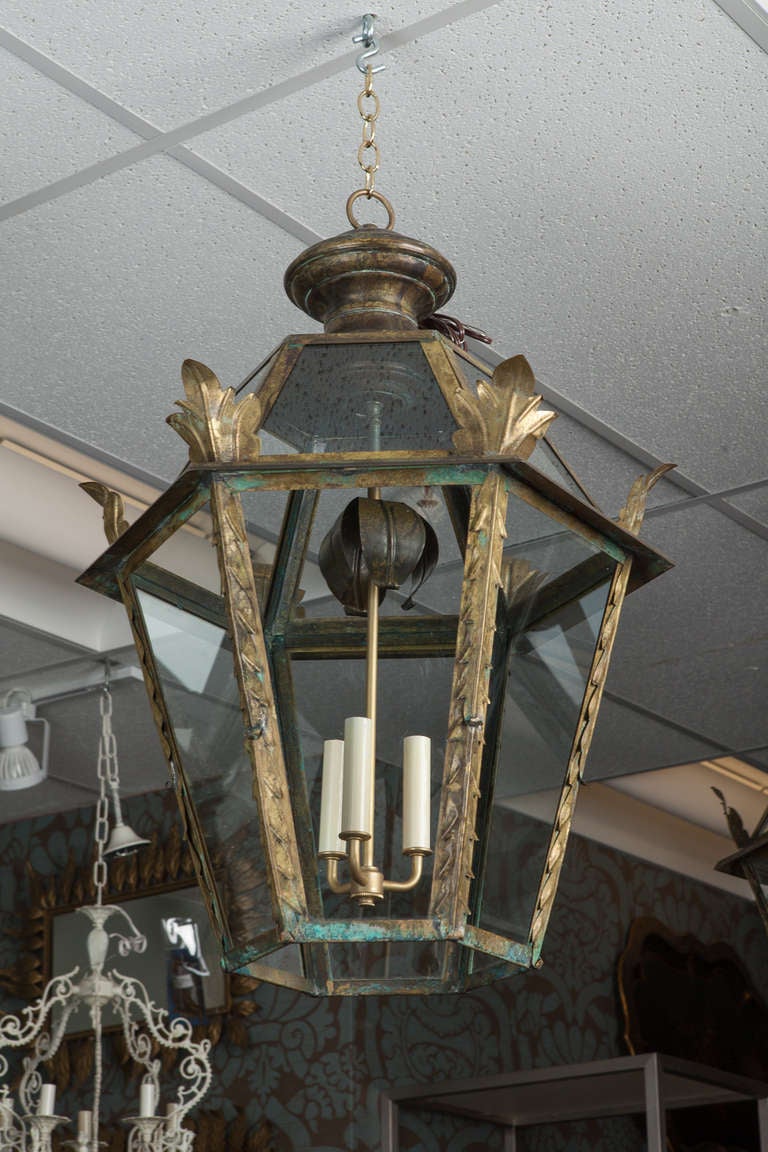 Pair Italian Dark Brass and Glass Lanterns 1