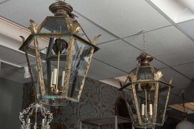Pair Italian Dark Brass and Glass Lanterns 2