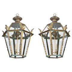 Antique Pair Italian Dark Brass and Glass Lanterns