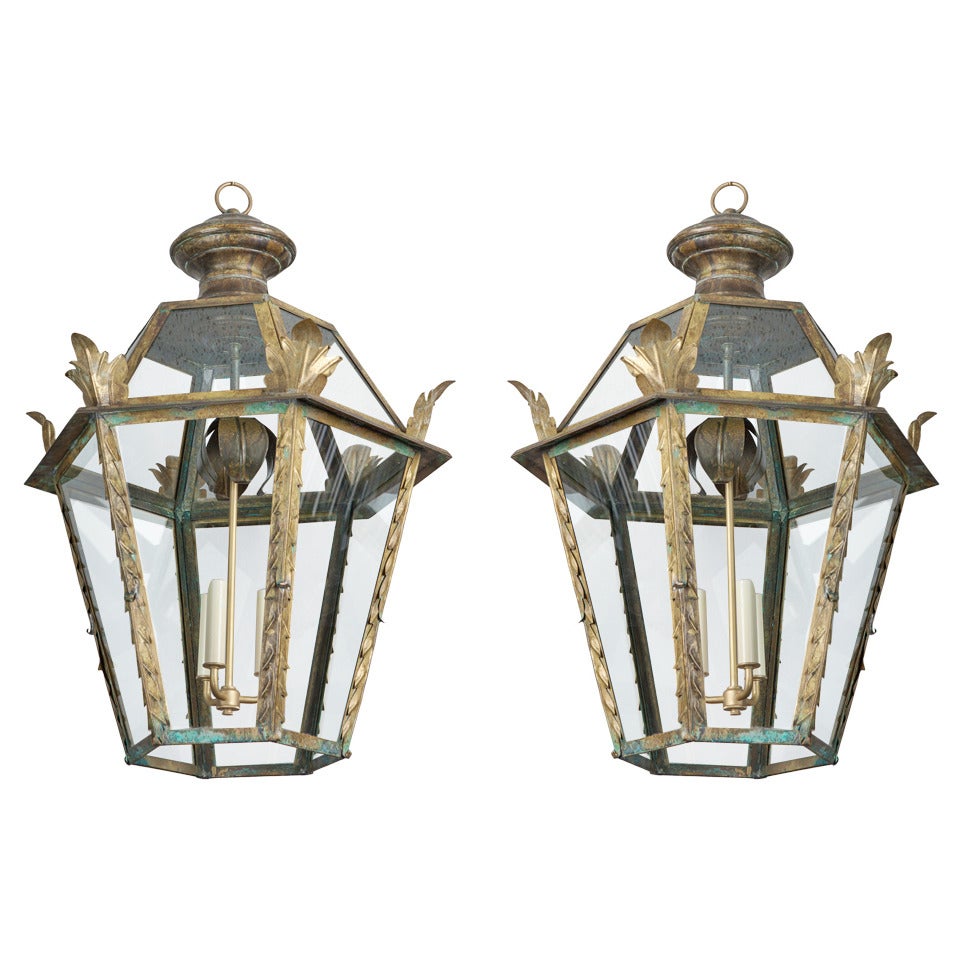 Pair Italian Dark Brass and Glass Lanterns