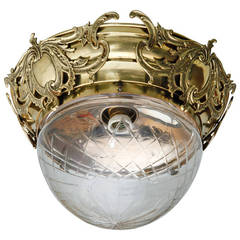 Ceiling Mount Fixture with Elaborate Brass Frame and Etched Glass Globe