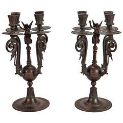 Antique Pair of Neoclassical Four Candle Bronze Candelabra