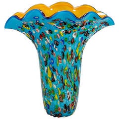 Tall Blue Murano Glass Millefiori Vase