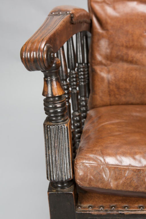 19th Century Leather Upholstered Armchair with Turned Joints