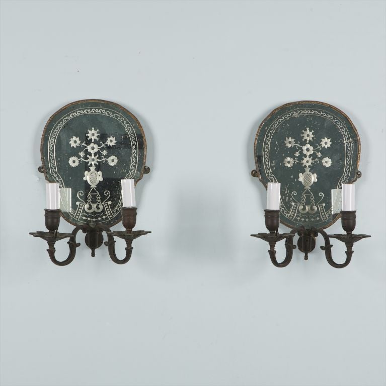Pair of Two Light Dark Bronze Mirrored Sconces