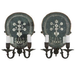 Antique Pair of Two Light Dark Bronze Mirrored Sconces