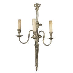 Tall Single French Silver Metal 3 Light Sconce