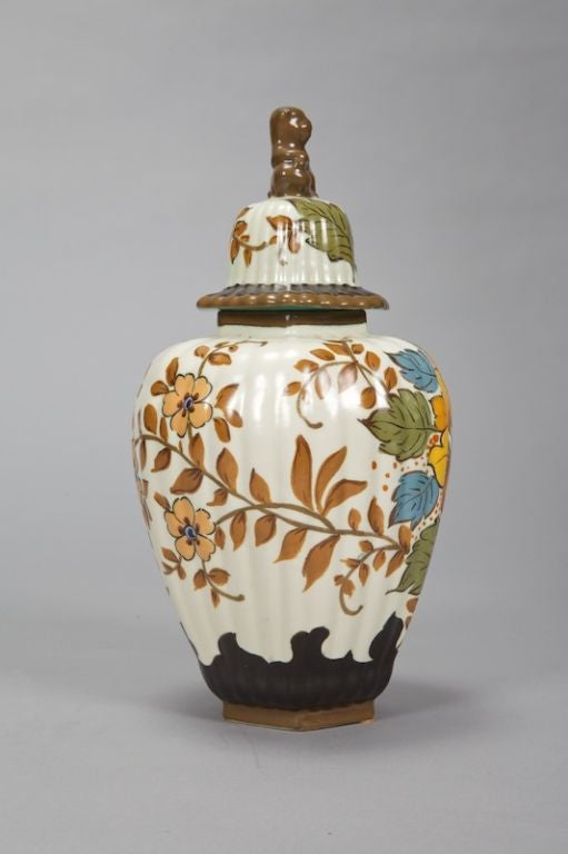 Dutch Tall Floral Gouda Vase with Monkey Lid