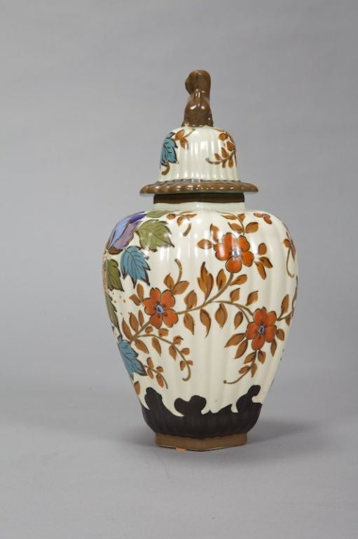 Mid-20th Century Tall Floral Gouda Vase with Monkey Lid