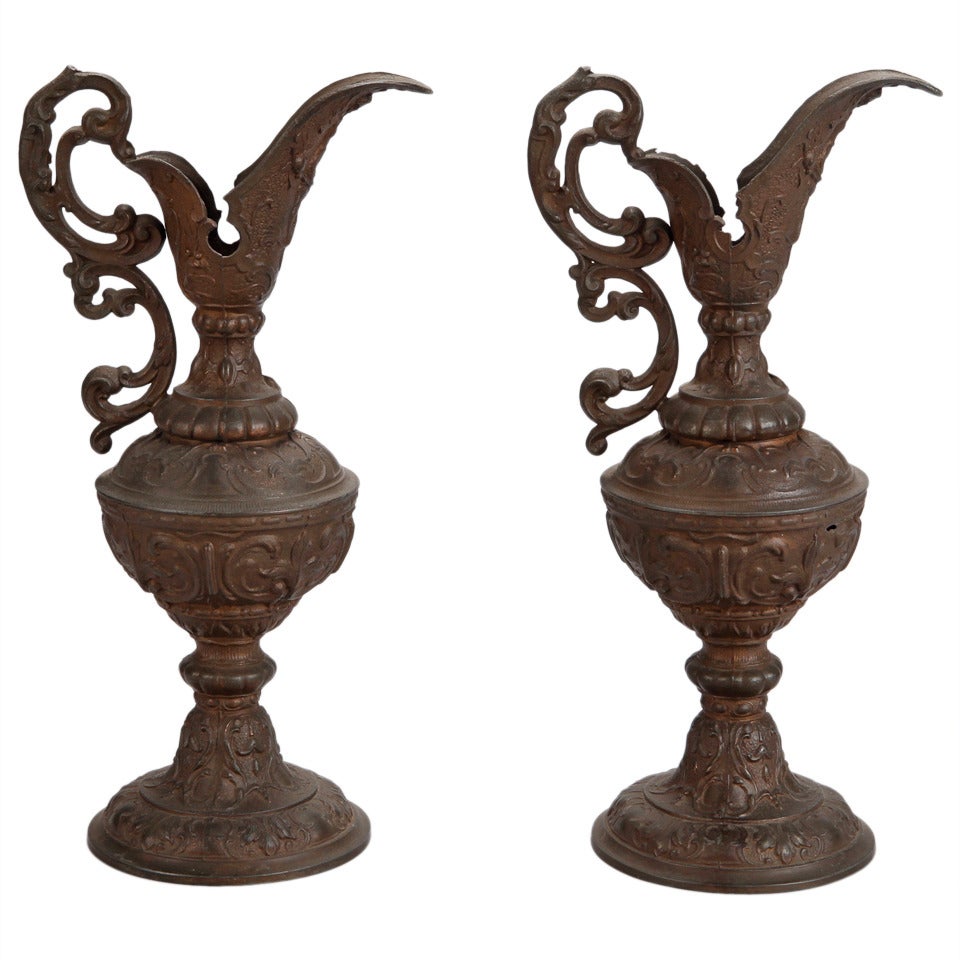 Pair of Tall Bronze Decorative Ewers