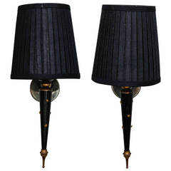 Antique Pair of Neoclassical Black Enamel and Brass Single Arm Sconces