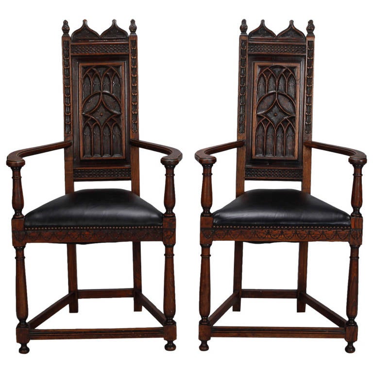 Pair of French Gothic Style Oak Hall Chairs at 1stDibs