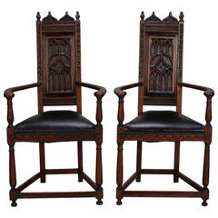 Pair of French Gothic Style Oak Hall Chairs